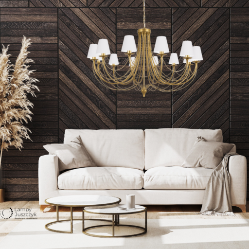 złoty żyrandol 12-ramienny w salonie